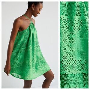 NWT. Anthropologie Green Halter Lace Mini Dress. Size MP.